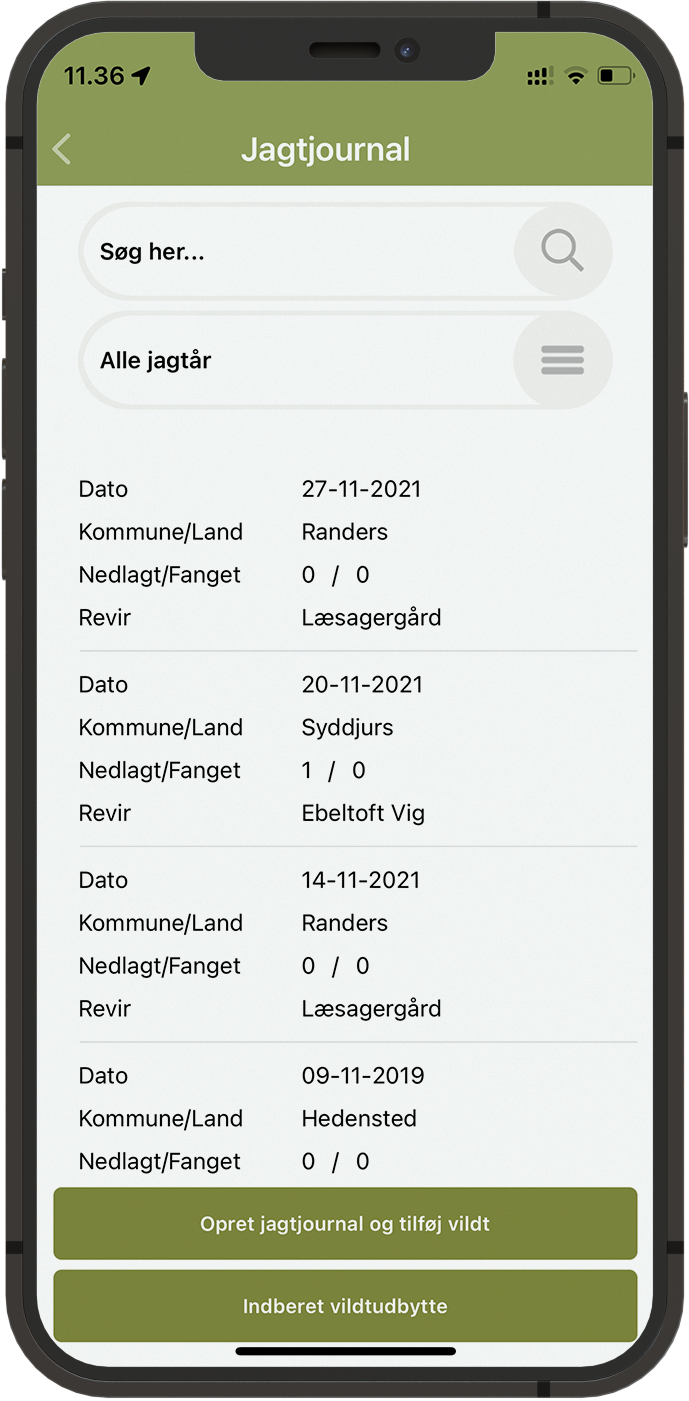 Med jagtjournalen kan du logge dit nedlagte vildt, og indberette dit vildtudbytte direkte fra telefonen.